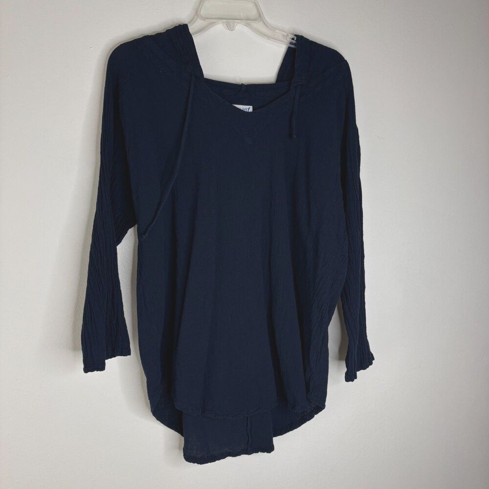 Oh My Gauze Navy Blue Cotton Gauze Hooded Tunic Top Boho Long Sleeve